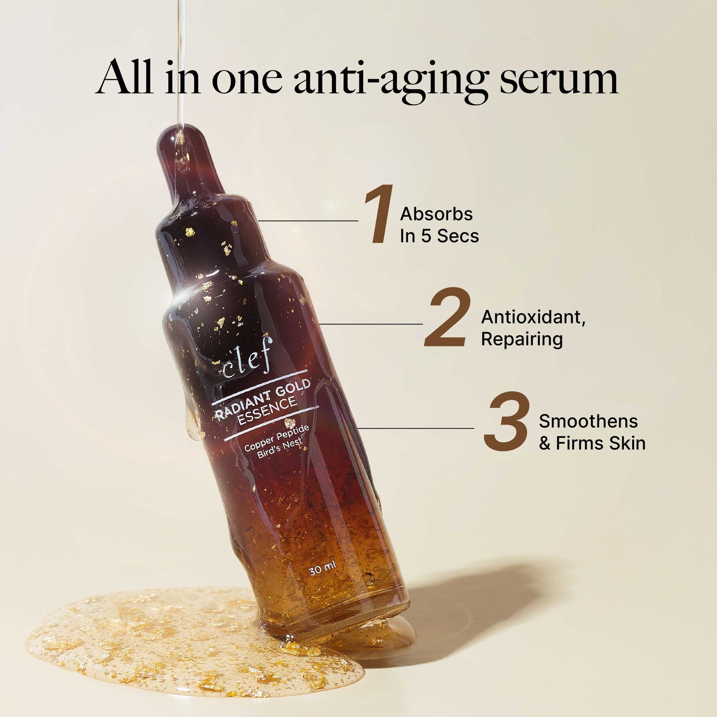CLEF Radiant Gold Essence 30ml | Absorbs in 5 Secs | Antioxidant, Repairing | Smoothens & Firms Skin